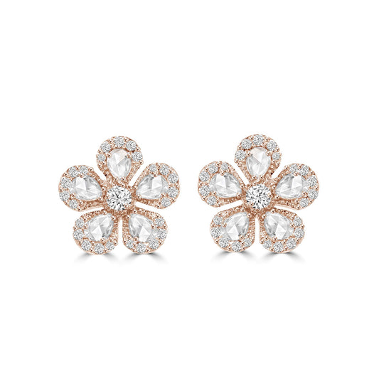 CHAMOMILE DIAMOND STUD EARRINGS IN 18K ROSE GOLD – PEAR CUT FLORAL HALO DESIGN