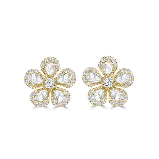 CHAMOMILE DIAMOND STUD EARRINGS IN 18K YELLOW GOLD – ROSE CUT FLORAL DESIGN