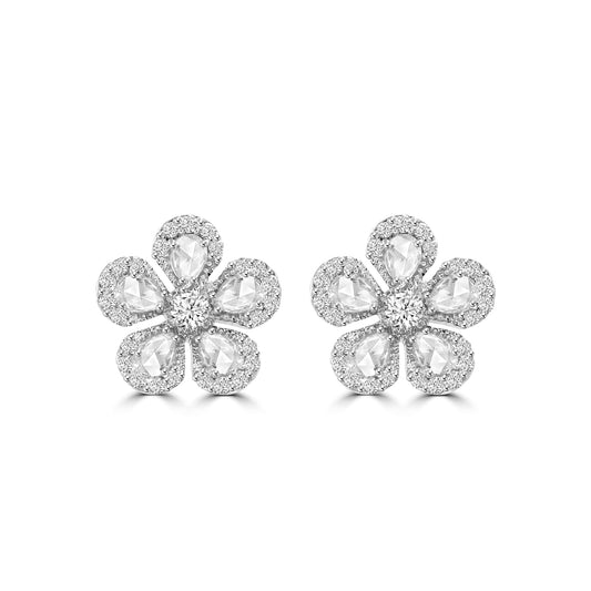 CHAMOMILE DIAMOND STUD EARRINGS IN 18K WHITE GOLD – ROSE CUT FLORAL HALO DESIGN