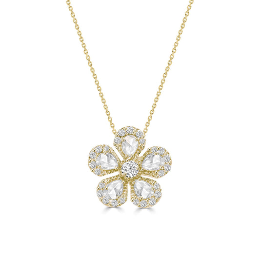 Exquisite Floral Diamond Chamomile Pendant Necklace in 18K Yellow Gold