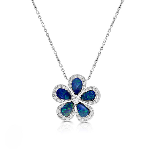 CHAMOMILE PENDANT NECKLACE IN 18K WHITE GOLD – BLUE OPAL AND DIAMOND FLORAL DESIGN