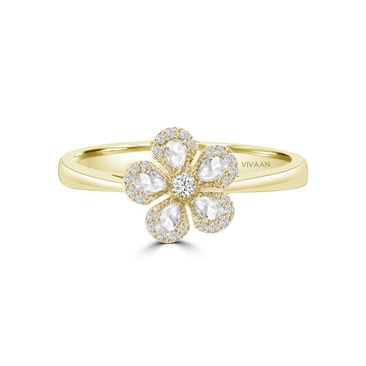 CHAMOMILE FLORAL DIAMOND RING IN 18K YELLOW GOLD – PEAR ROSE CUT & HALO DESIGN