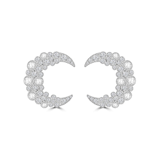 CRESCENT Moon Earrings in White Gold with Rose Cut & Brilliant Diamonds