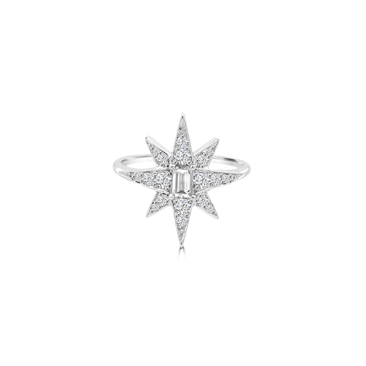 Sitara Celestial Starburst Ring with Emerald Cut Diamond in White Gold