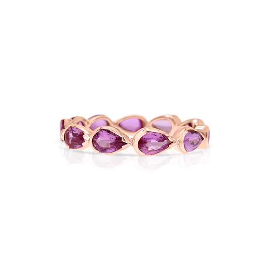 TULY ETERNITY BAND IN 18K ROSE GOLD – PEAR SHAPED PURPLE PINK SAPPHIRE RING