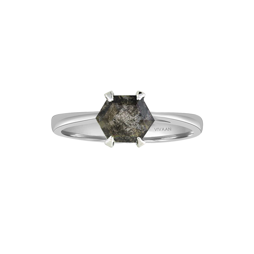 Hexagon salt and pepper ring in 18k white gold