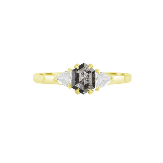 Hexagon salt and pepper ring with trillion cut diamonds on sides set in 18k yellow gold