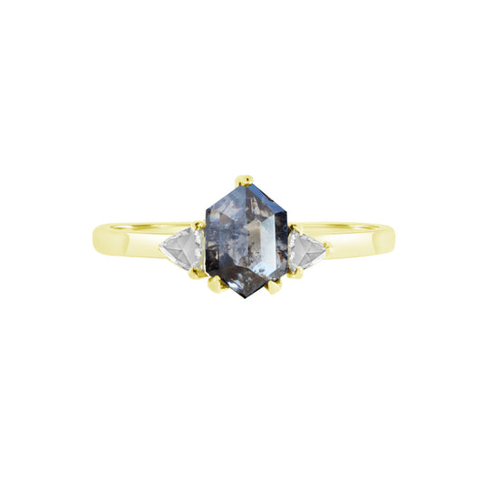 Hexagon salt and pepper diamond ring with trillion cut diamonds on sides set in 18k yellow gold